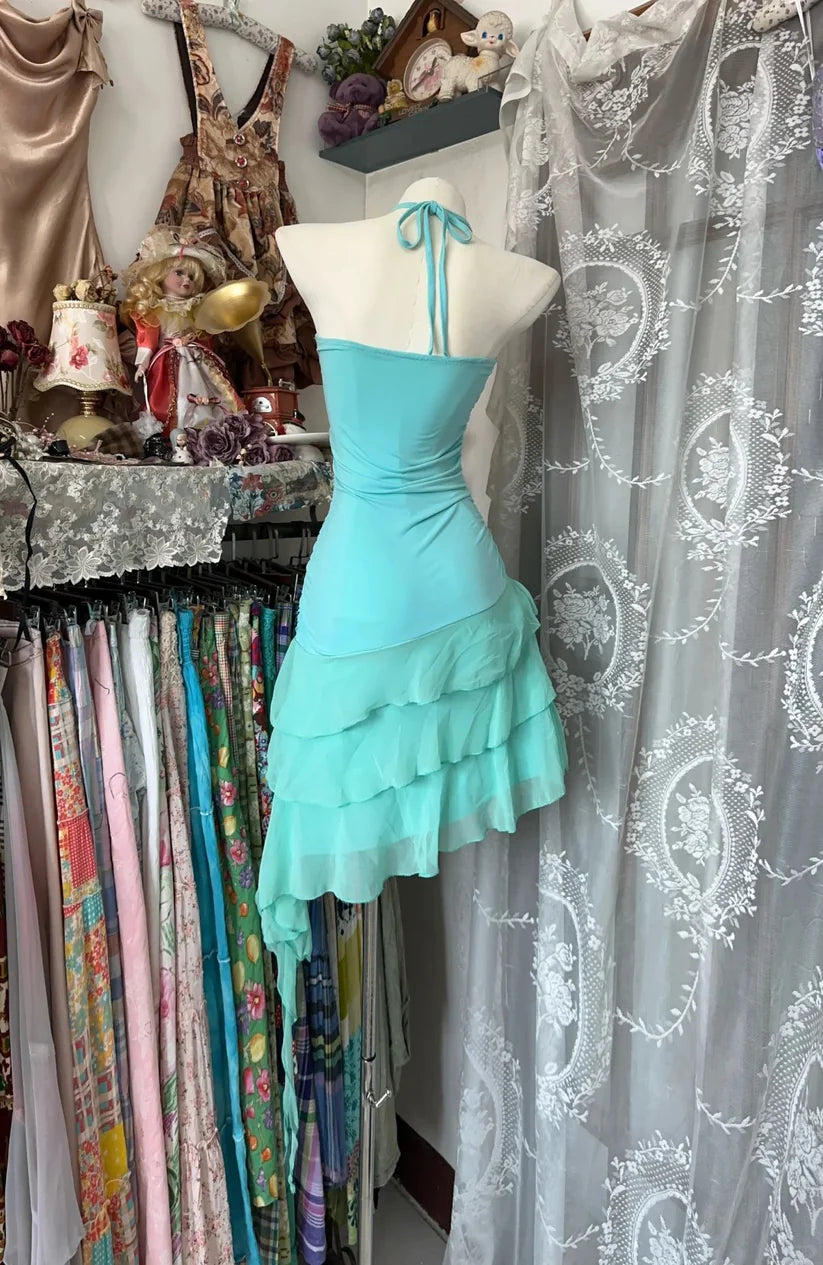 Retro Blue Sweetheart Ruffle Design A-line Chiffon Party Dress Homecoming Dress TP4093