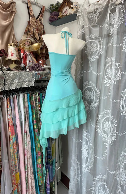 Retro Blue Sweetheart Ruffle Design A-line Chiffon Party Dress Homecoming Dress TP4093