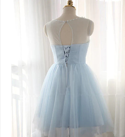 Charming Light Blue Tulle Satin Design Prom Dress A-line Homecoming Dress TP3591