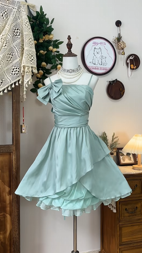 Vintage Light Green Ruffle Bow Design A-line Elegant Homecoming Dress Birthday Dress Party Dress TP4179