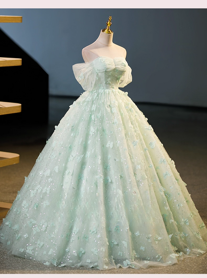 Vintage Light Green Tulle Sweetheart Off-the-shoulder 3D Flowers A-Line Floor Length Quinceanera Ball Gown TP5193