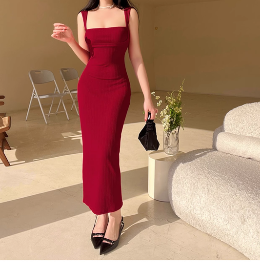 Women New Simple Fashion Solid Color Slim-fit Spaghetti Strap Dress TP2886