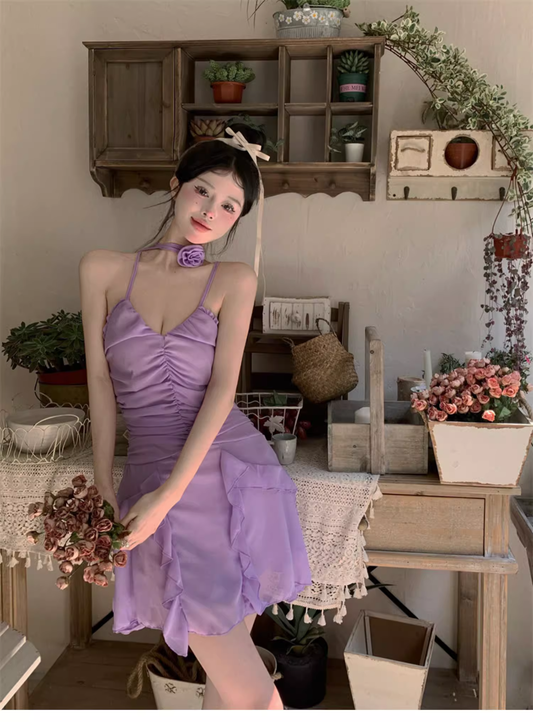 Sweet V-neck Irregular Ruffled Hem Design A-line Spaghetti Strap Dress TP3574