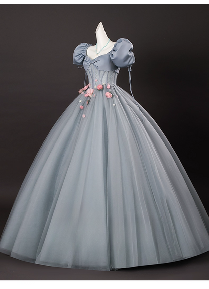 Chic Dusty Blue Sweet 16 Quinceanera 3D Flowers A-Line Puffy Sleeves Evening Dress Long Ball Gown TP4949