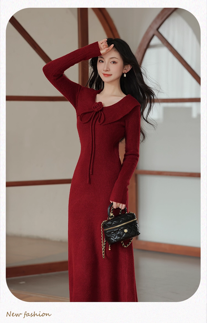 Vintage Burgundy Sheath Prom Dress Long-sleeve Evening Dress Knit Long Formal Dress TP4729