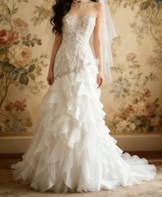 Romantic Strapless Lace Sweetheart Mermaid Ruffled Organza Wedding Gown TP5641