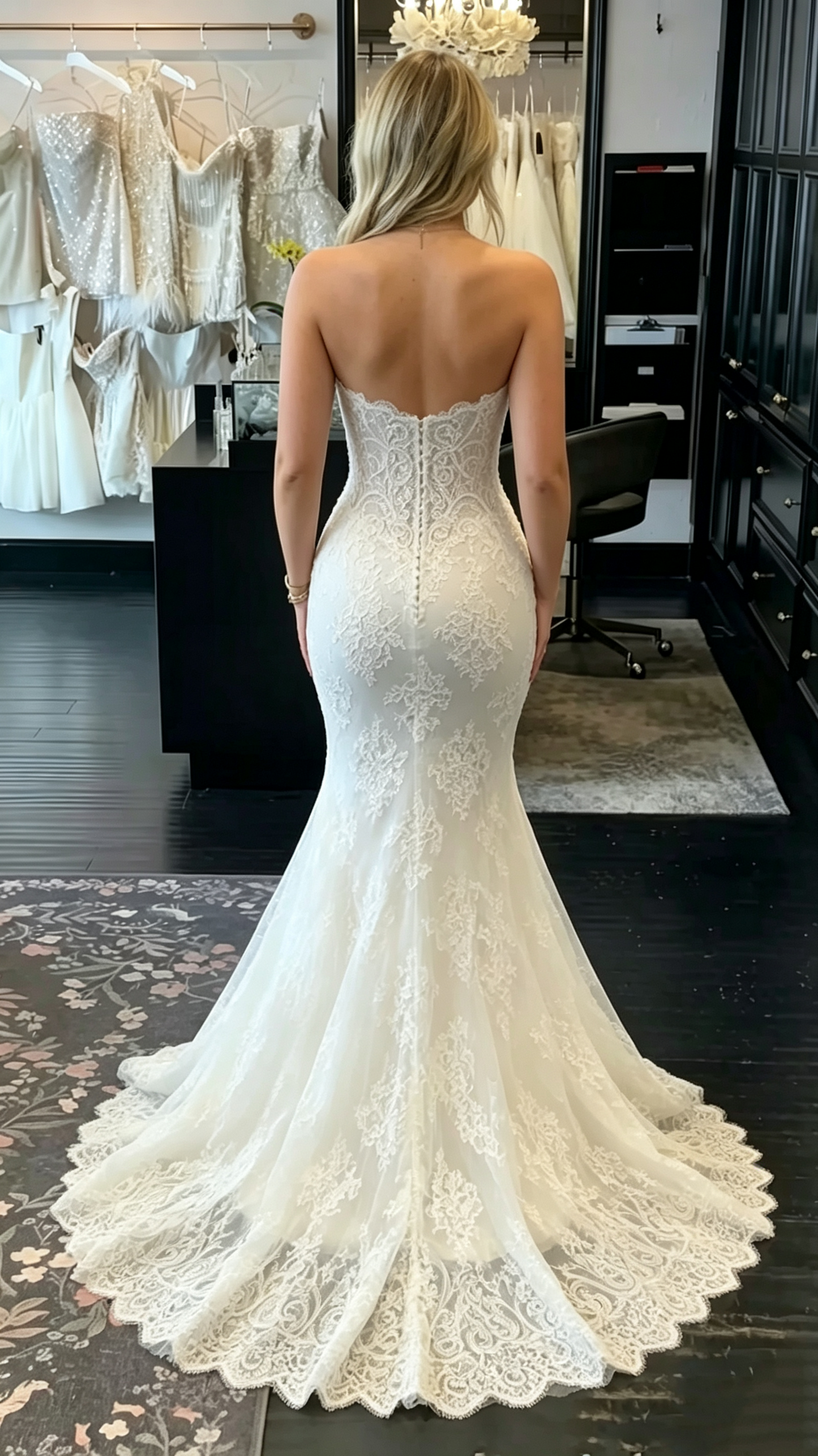Romantic Strapless Lace Mermaid Chapel Train Wedding Dress TP5993
