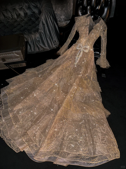 Vintage Gold Sequin Lace Long-Sleeve V-Neck Beaded Bow Formal Evening Gown TP5394