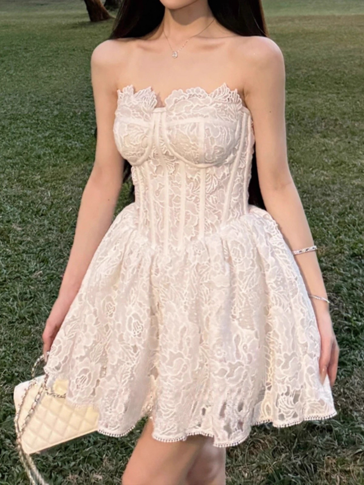 Vintage White Lace Strapless A-Line Homecoming Dress Party Dress Cocktail Dress TP4718