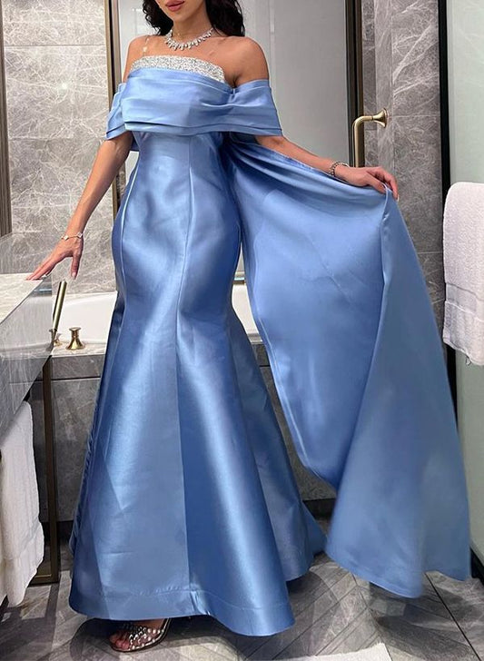 Elegant Blue Off-the-Shoulder Mermaid Beaded Evening Gown TP5732