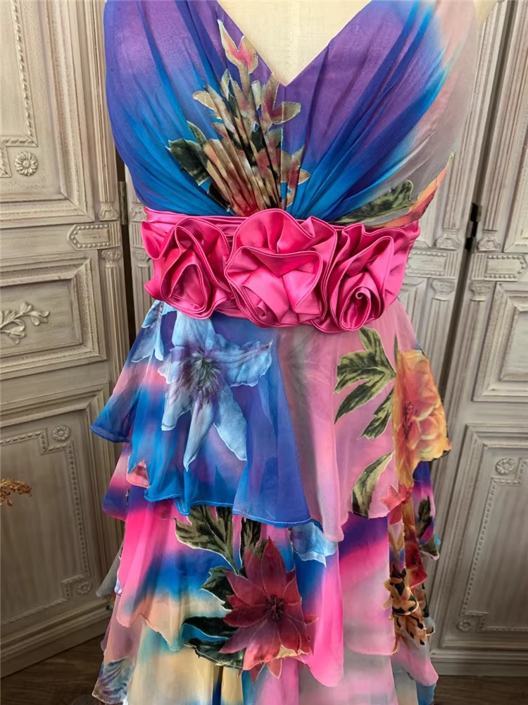 Luxury Multicolor Floral Print Evening Gown Tiered Chiffon Prom Dress TP5678