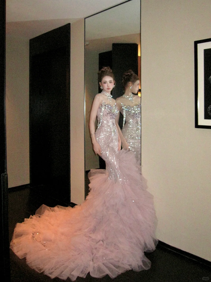 Gorgeous Glittering Pink Beaded Sequin Strapless Mermaid Design Elegant Prom Dress Evening Dress TP4232