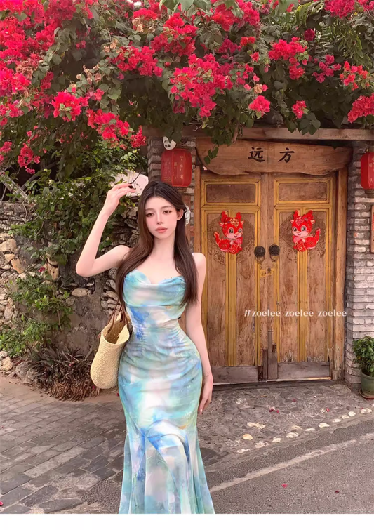 New Fashion Butterfly Design Short Sleeve Casual Spaghetti Strap Dress TP3017