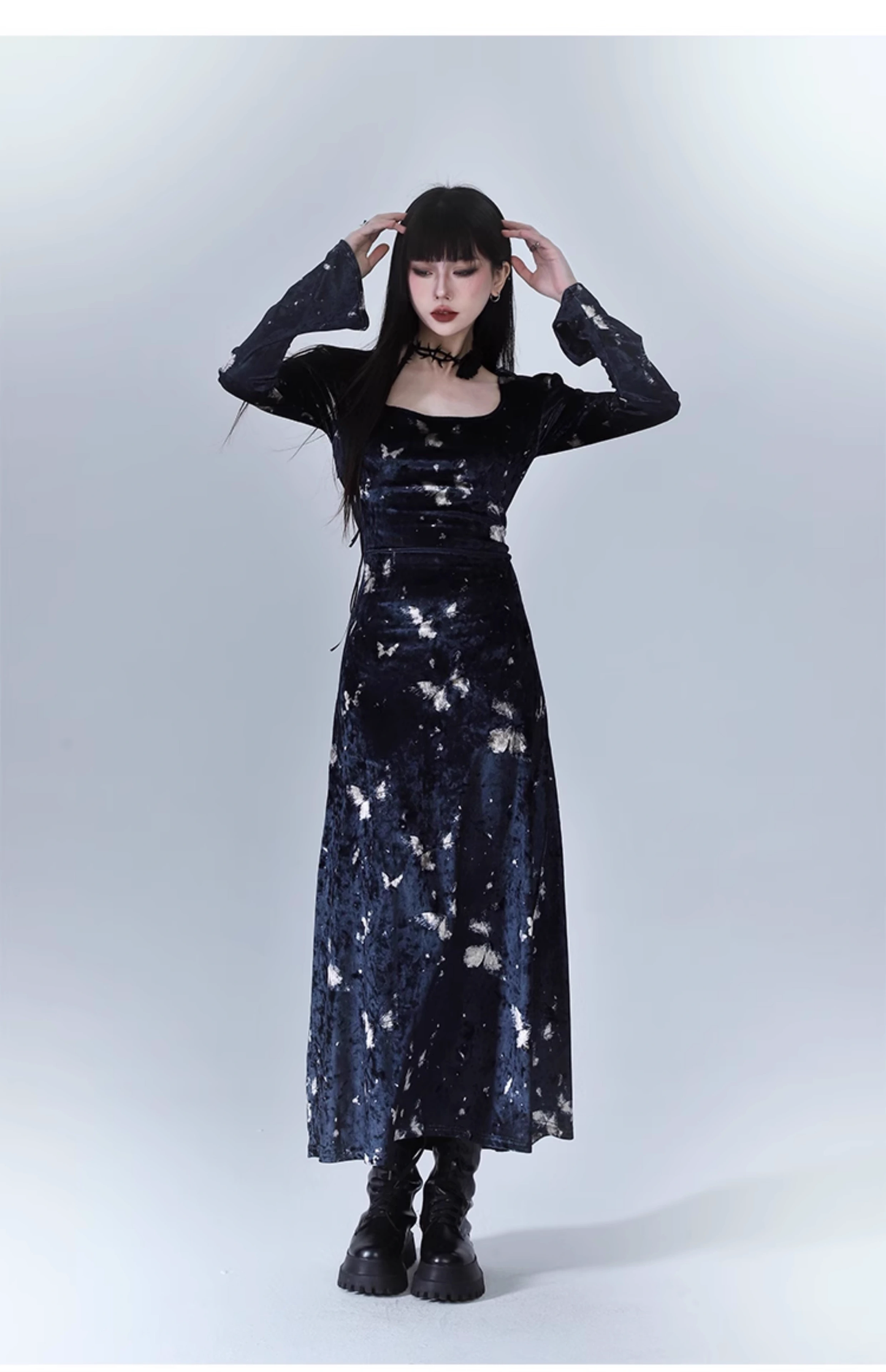 New Fashion Butterfly Pattern Design Sense Navy Blue Long-sleeved Dress TP2939