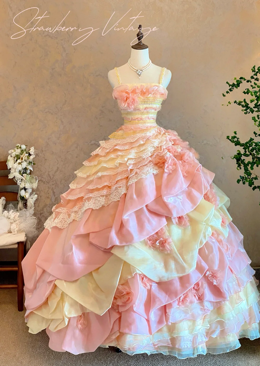 Vintage-Inspired Pastel Pink & Cream Tiered Ruffled Floral Quinceañera Ball Gown TP5158
