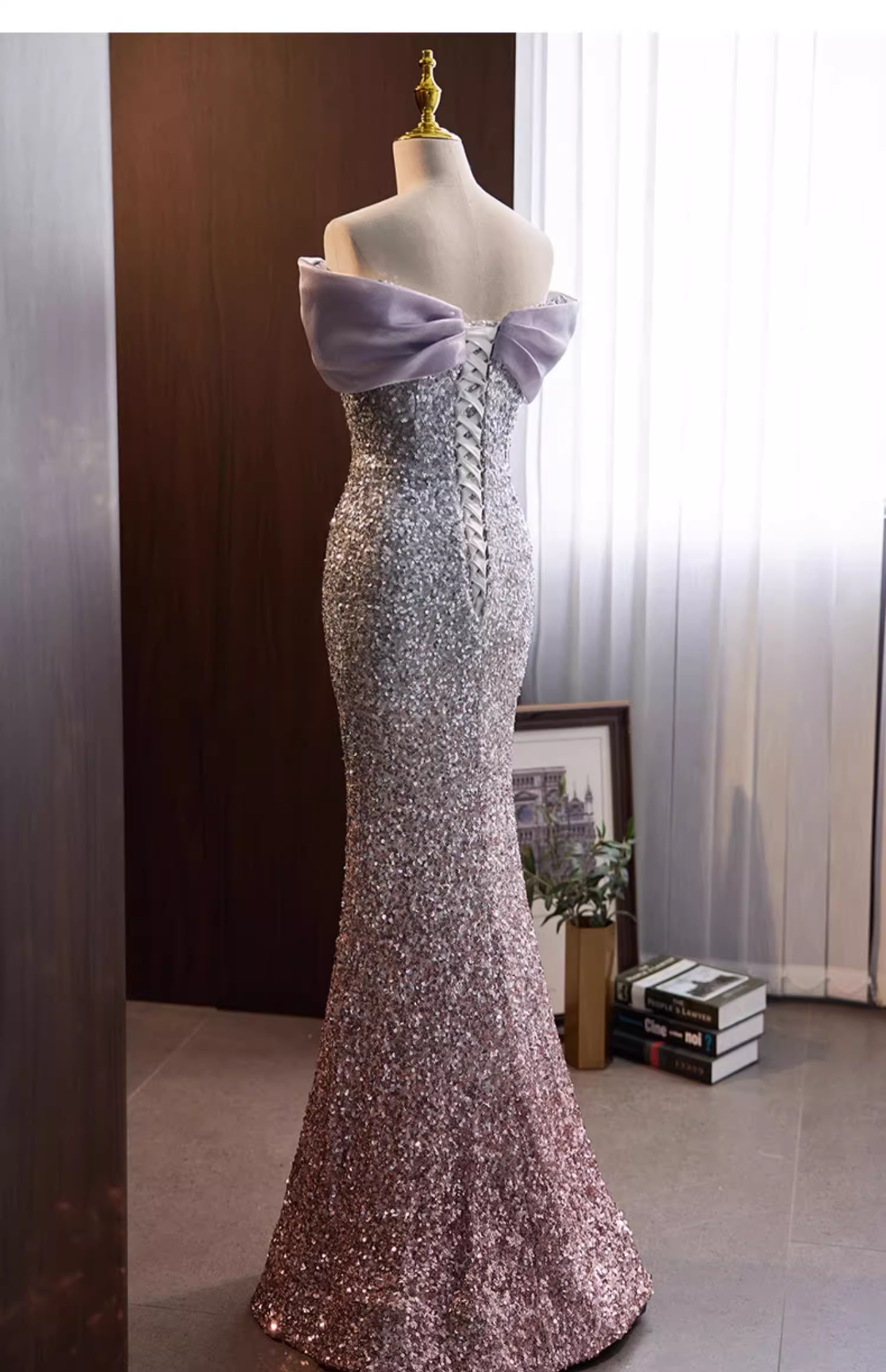 Vintage Lavender to Silver Ombre Sequin Mermaid Off-Shoulder Evening Gown TP5469