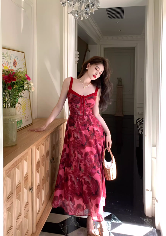 Stylish Red Rose Floral Design Elegant Casual Spaghetti Strap Dress TP3013