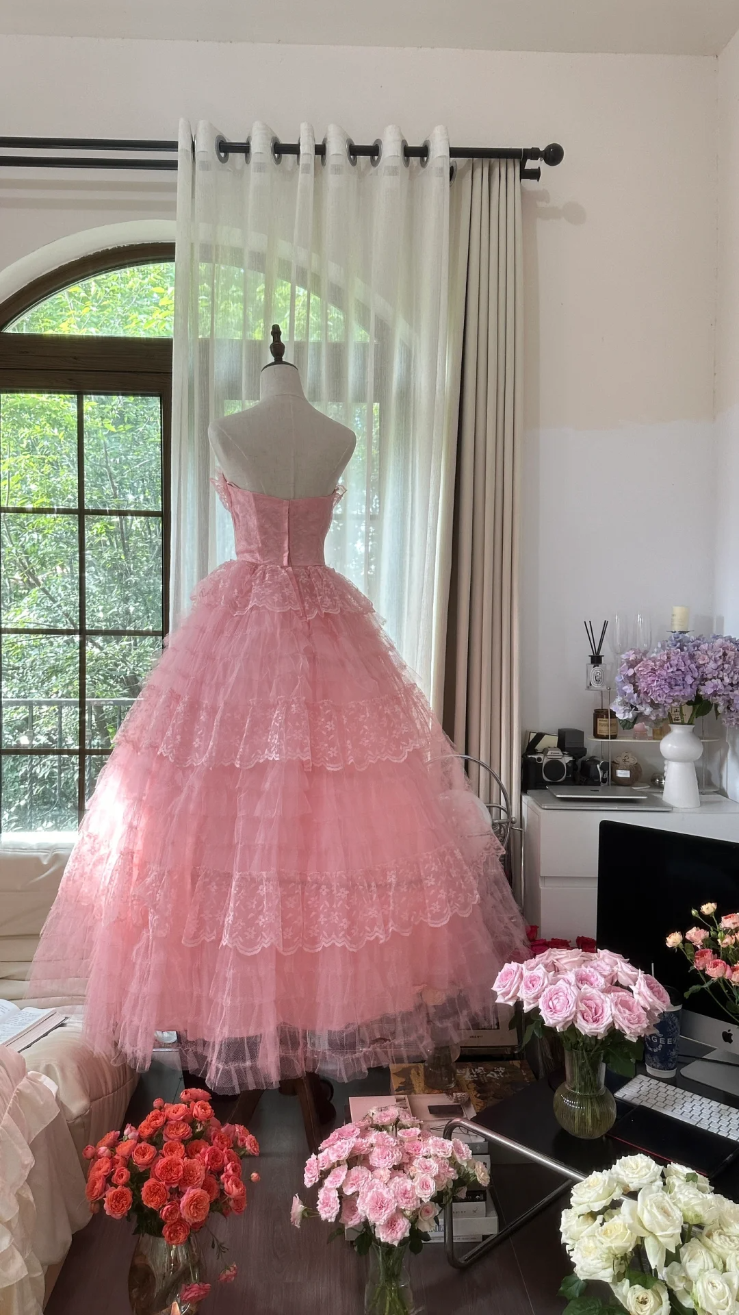 Vintage Pink Strapless Sweetheart Design Romantic Chiffon Tiered Evening Dress Prom Dress TP3994