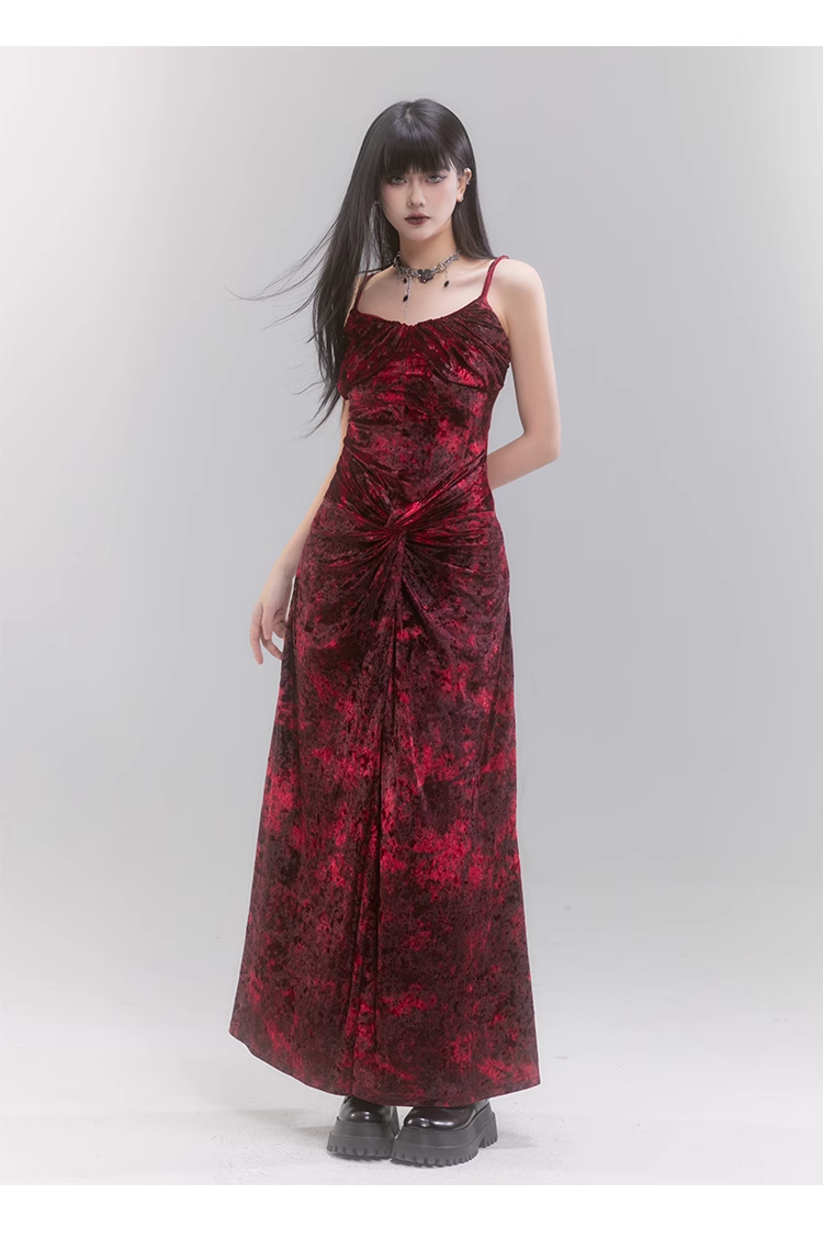 Chic New Design Red Velvet Women Spaghetti Strap Dress TP2945