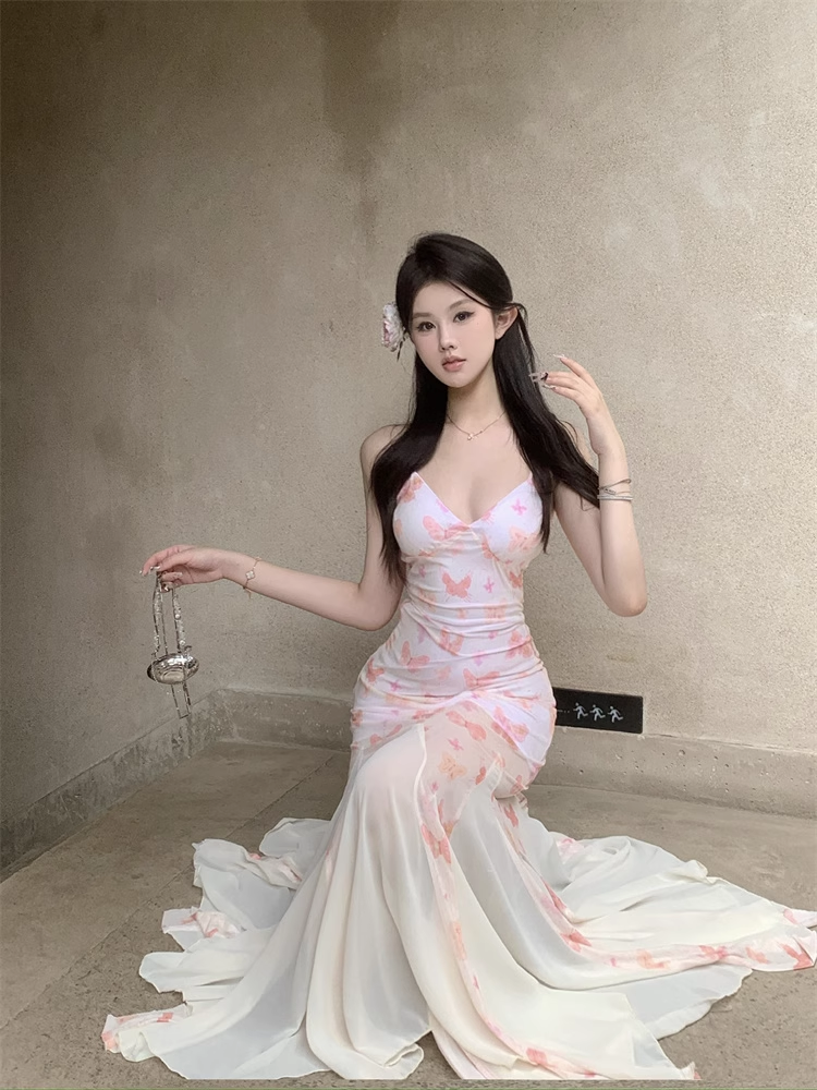 New Stylish Women Pink Butterfly Mermaid Spaghetti Strap Dress TP2966