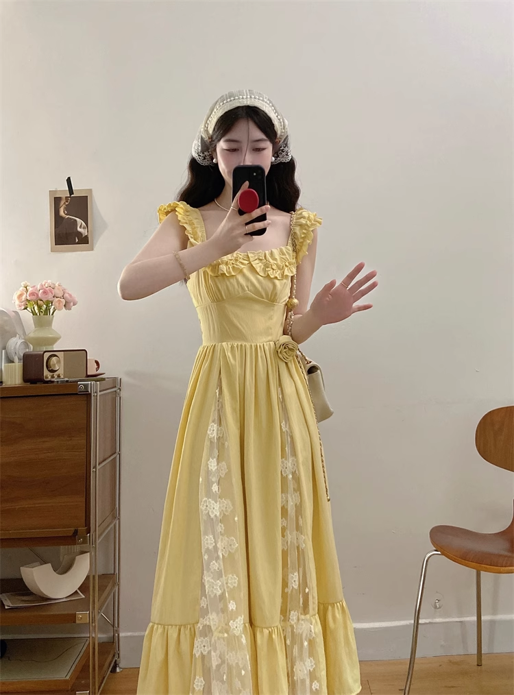 New Simple Fashion Yellow Floral Design A-Line Long Dress TP3043