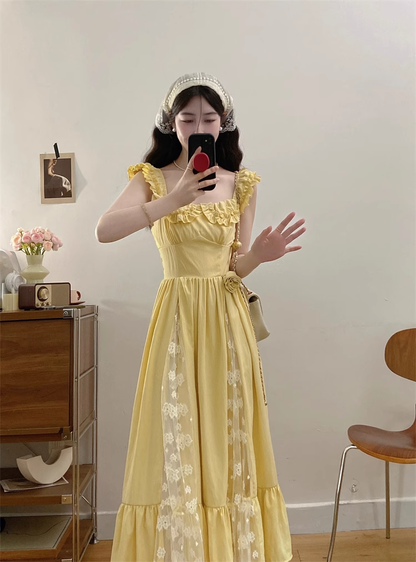 New Simple Fashion Yellow Floral Design A-Line Long Dress TP3043
