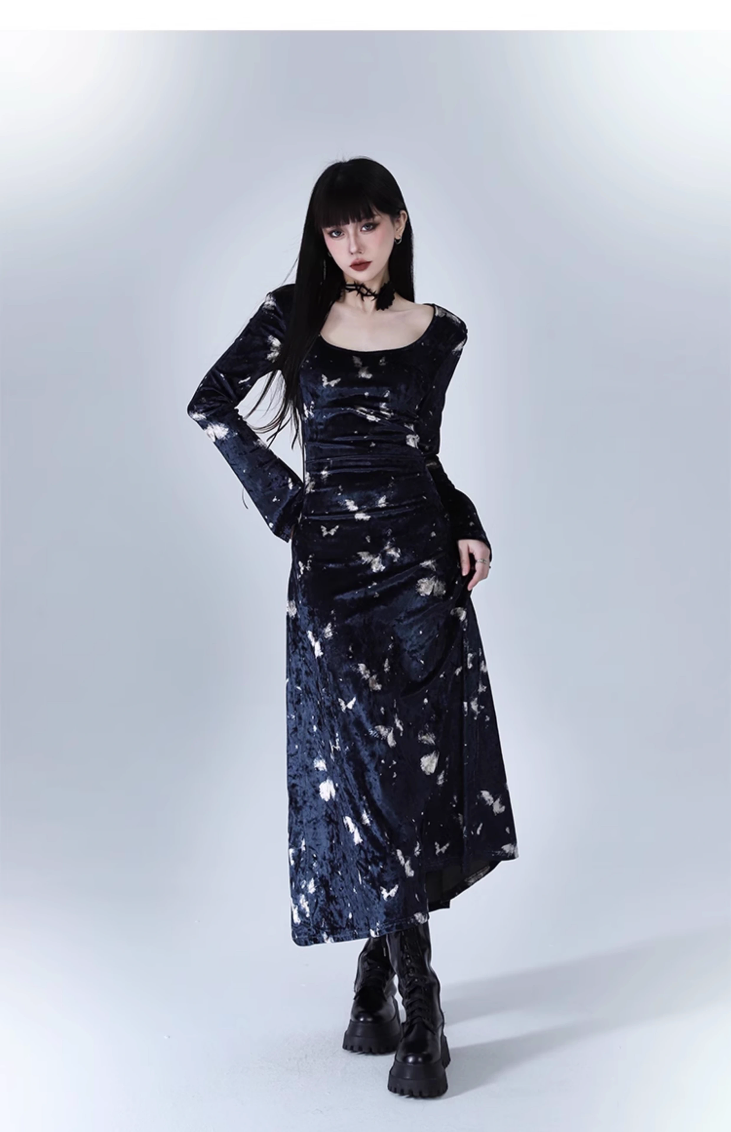 New Fashion Butterfly Pattern Design Sense Navy Blue Long-sleeved Dress TP2939