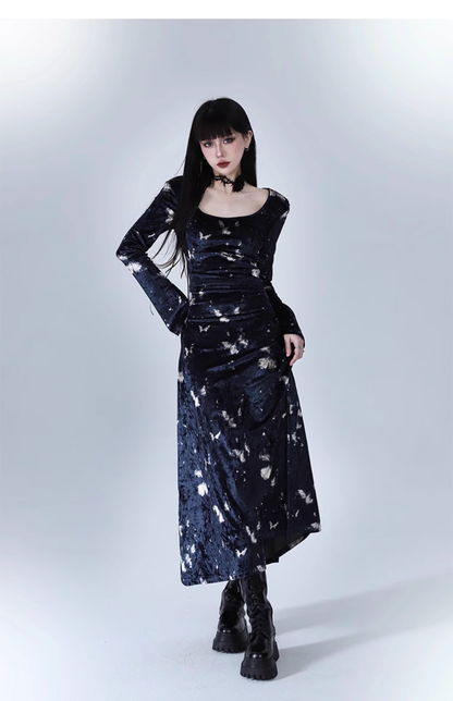 New Fashion Butterfly Pattern Design Sense Navy Blue Long-sleeved Dress TP2939