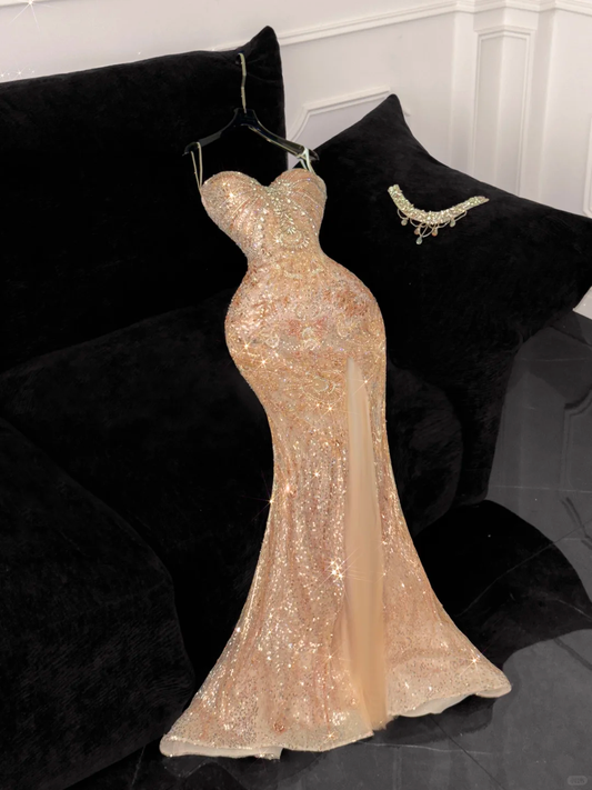 Retro Shiny Sweetheart Champagne Beaded Mermaid Elegant Chiffon Evening Dress Prom Dresses TP4183
