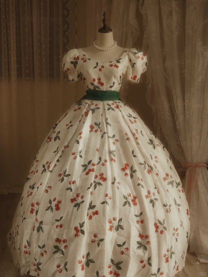 Cute Cherry Print Puff-Sleeve Green Back Bow Train Sweet 15 Quinceanera Ball Gown TP5509