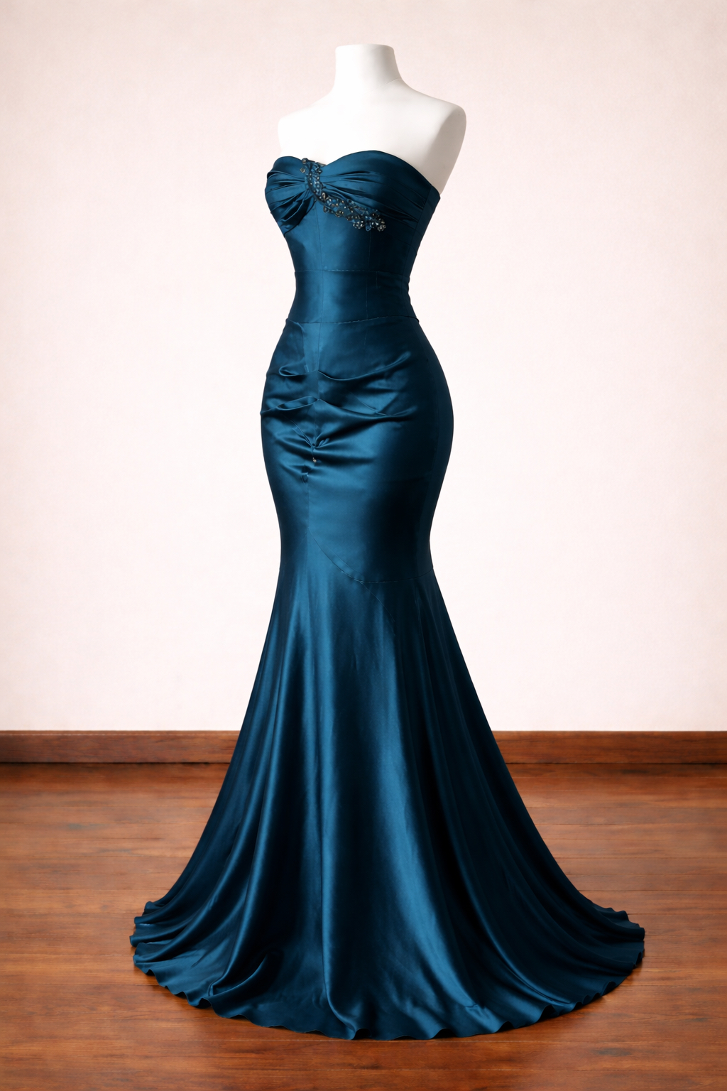 Vintage Teal Satin Strapless Sweetheart Mermaid Beaded Prom Dress TP5865
