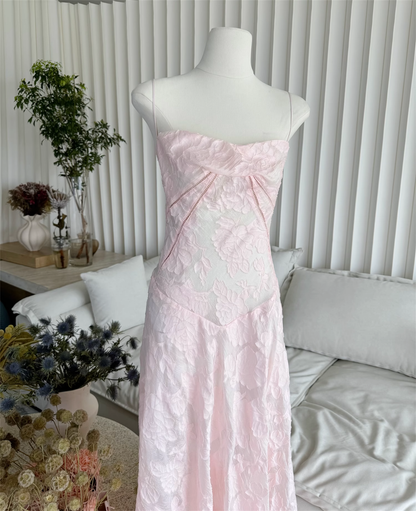 Sweet Pink Appliques Spaghetti Strap Design A-line Women Dress TP3870