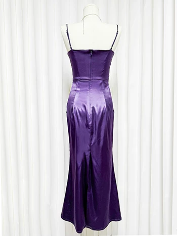 Elegant Purple Satin Spaghetti Straps Sheer Lace Corset Bodycon Prom Dress TP6108