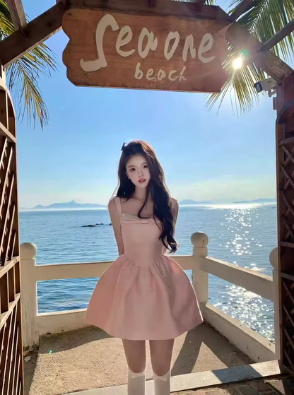 New Simple Pink Bow Design A-line Sleeveless Spaghetti Strap Dress TP3276