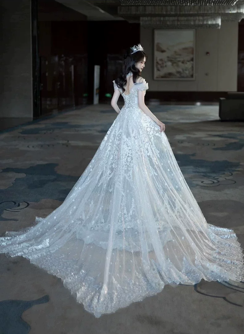 Elegant Off‑the‑Shoulder Sparkly Mermaid Beaded Lace Glitter Tulle Cathedral Train Wedding Dress TP6126