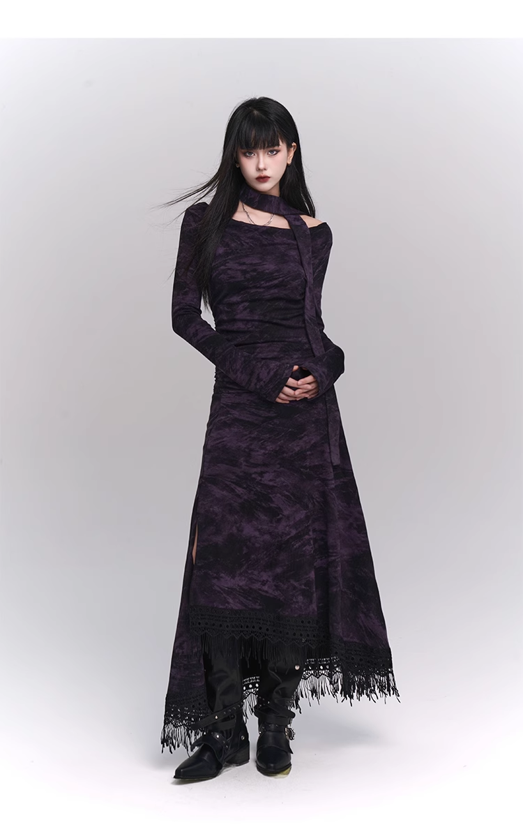 New Gothic Style Fashion Bell Sleeve Design Sense Long-sleeved Split Dress TP2932