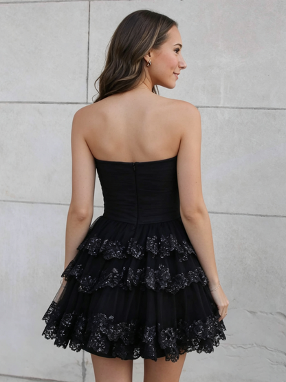 Vintage Black Strapless Ruched Bodice Tiered Sequin Tulle A-Line Homecoming Dress TP6007