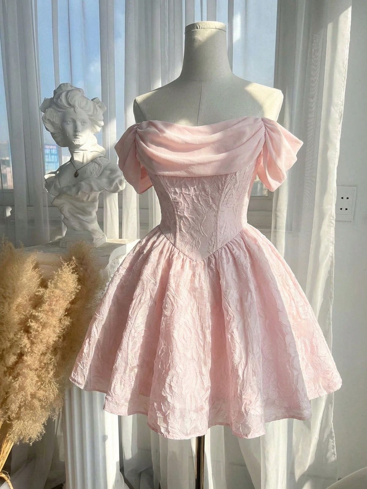 Romantic Pink Draped Off-the-Shoulder Jacquard Corset A-Line Homecoming Dress TP5942