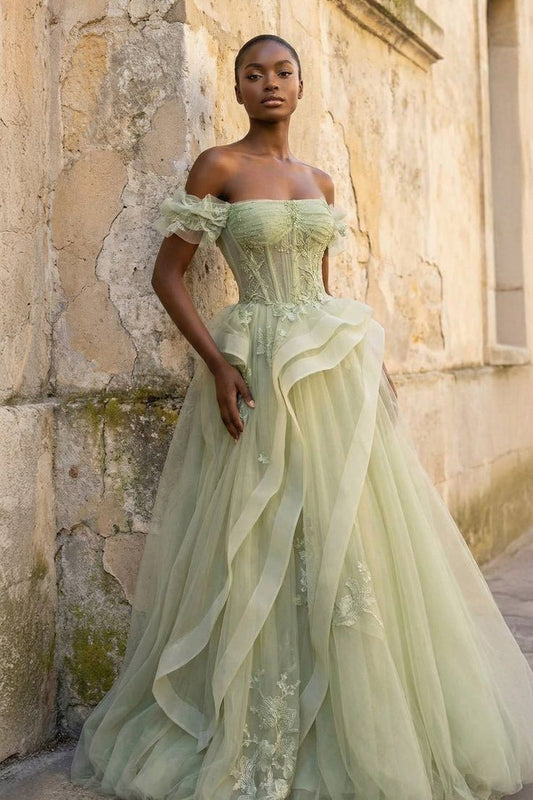 Glamorous Sage Green Off-the-Shoulder Ball Gown with Corset Bodice and Tiered Tulle Skirt TP5759