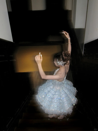 Gorgeous Shiny Light Blue Sequined A-Line Strapless Design Tiered Party Dress Homecoming Dress TP4238