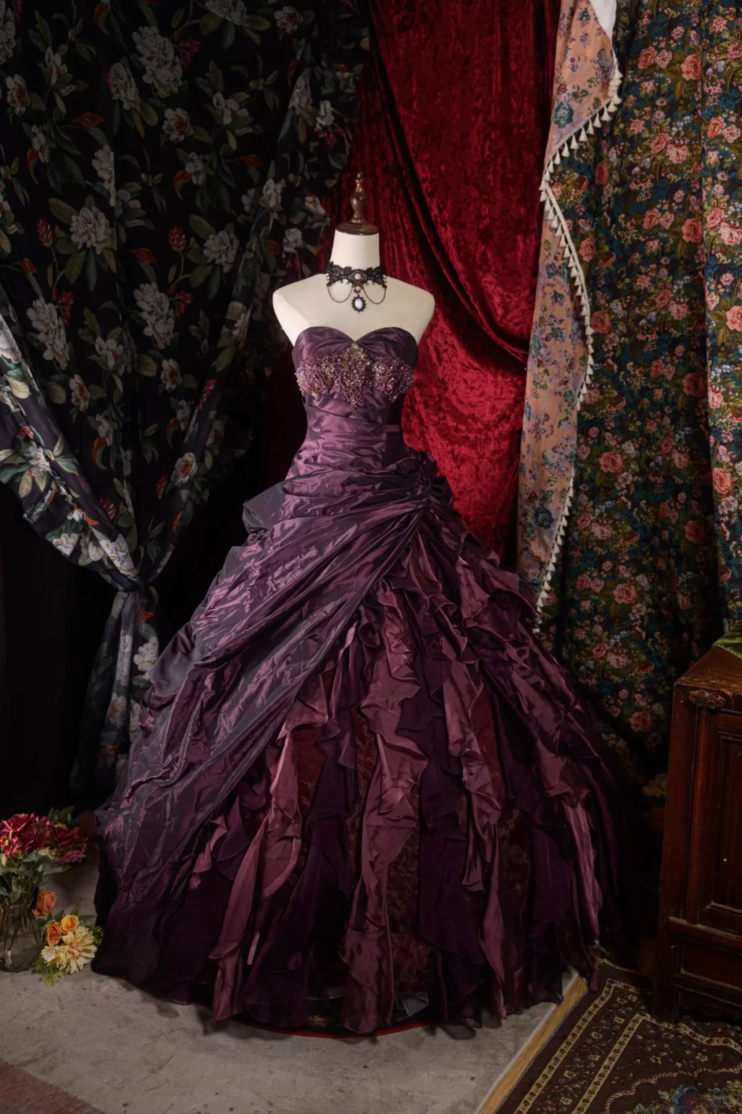 Glamorous Purple Sweetheart Strapless Satin Beaded Ruffled Sweet 15 Quinceanera Ball Gown TP5433