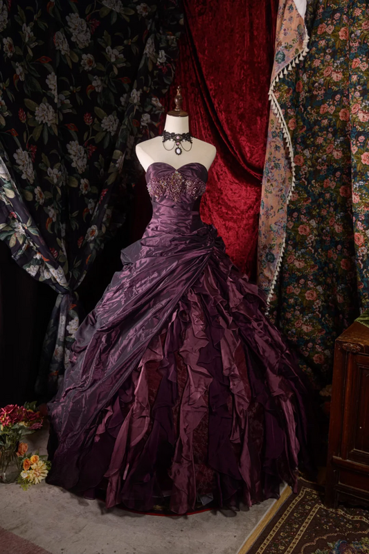 Glamorous Purple Sweetheart Strapless Satin Beaded Ruffled Sweet 15 Quinceanera Ball Gown TP5433