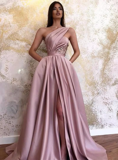 Elegant Pink One-Shoulder Satin A-Line Prom Dress Evening Gown Lace High Slit Wedding Guest Dress TP5747