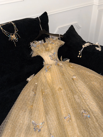 Gorgeous Shiny Yellow Sequin Beaded 3D Butterflies A-Line Floor-length Evening Dress Prom Dresses TP4187