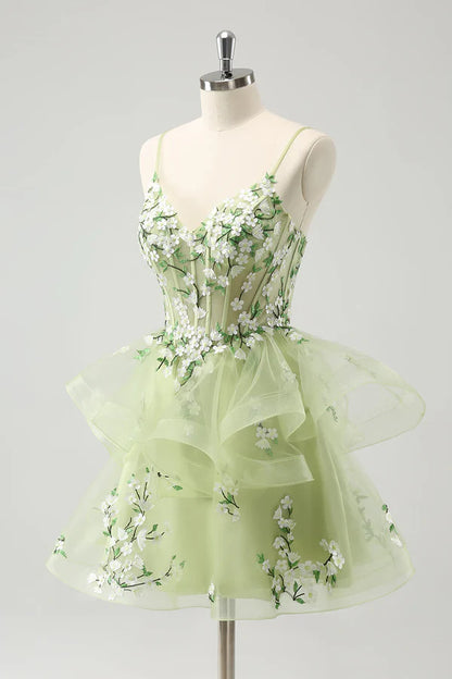 Vintage Mint Green Floral Embroidery Design A-line Spaghetti Strap Homecoming Dress TP3407