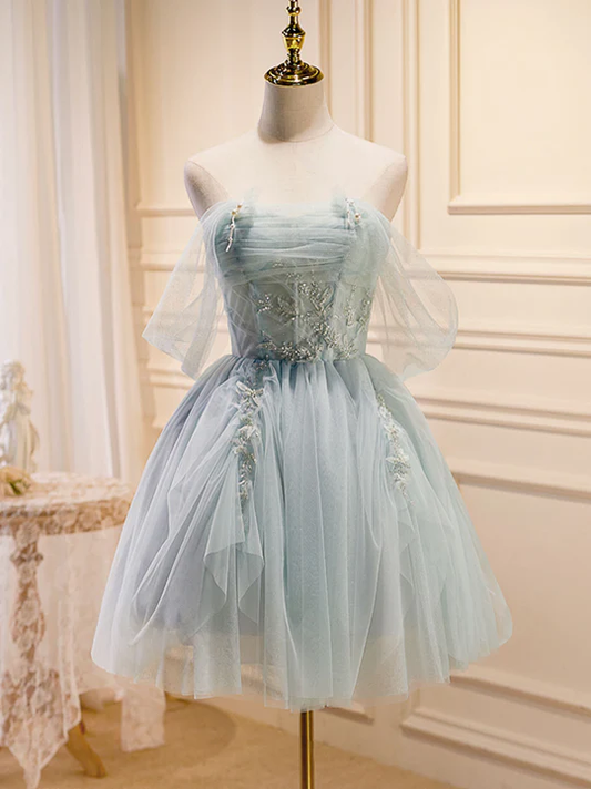 Vintage Light Blue Beaded Off-the-shoulder Design A-line Tulle Party Dress Homecoming Dress TP4063