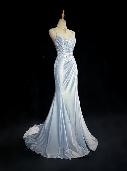 Glamorous Light Blue Embroidery Beaded Prom Dress Mermaid Sweetheart Spaghetti Strap Evening Gown TP5205