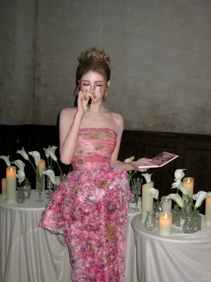 Vintage Pink Floral Strapless Mermaid Design Elegant Prom Dress Evening Dress TP4234