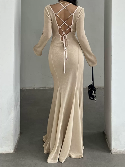 Vintage Champagne Cowl Neck Long Sleeve Maxi Prom Dress Sheer Mesh Mermaid Evening Gown TP5769