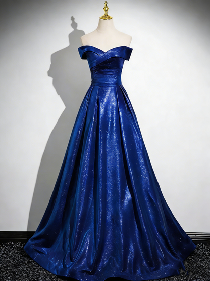 Glamorous Off-the-Shoulder A-Line Shimmering Iridescent Satin Formal Gown Ruched Prom Dress TP115
